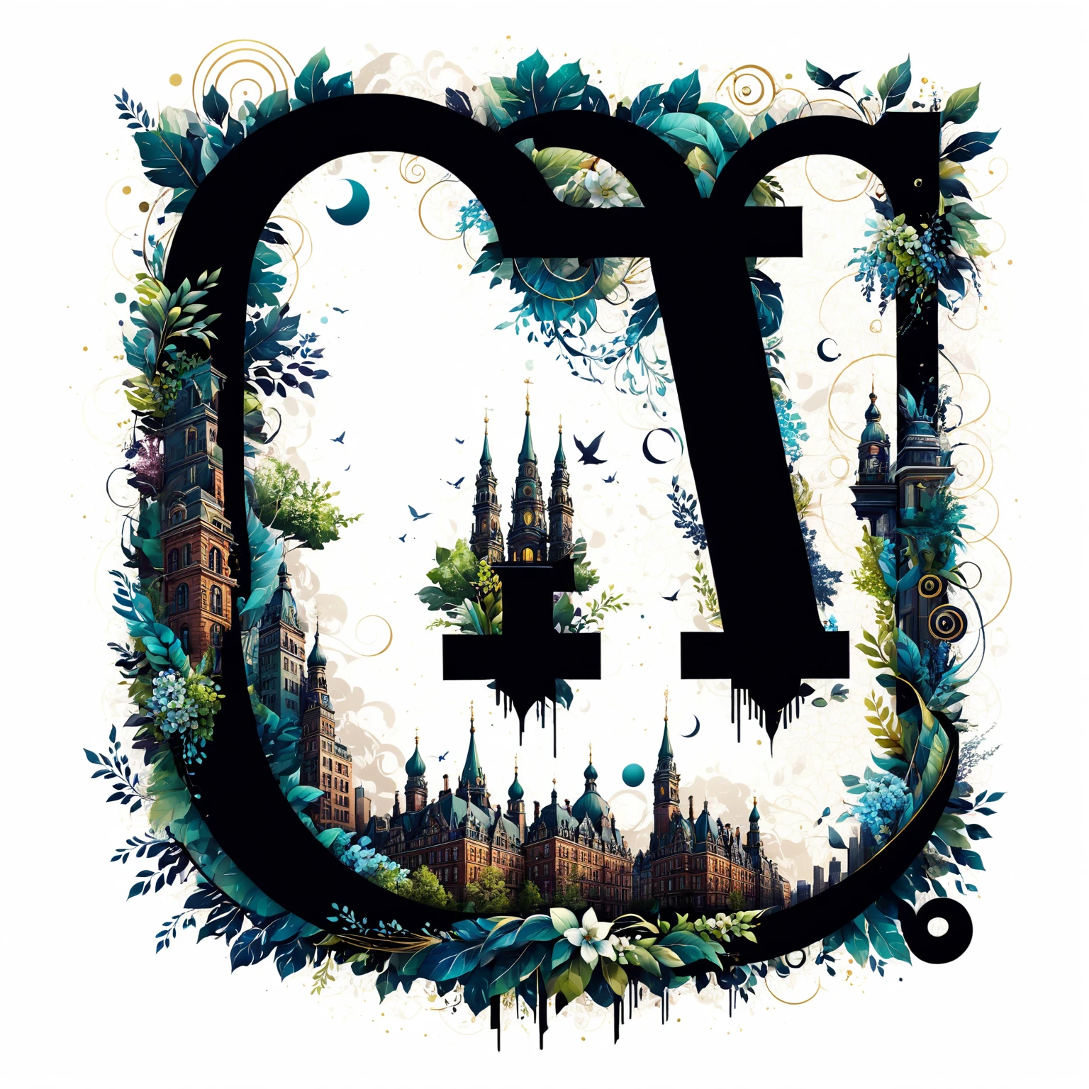 A large picturesque letter surrounded by urban patterns and an urban-style ornament, the entire background around the symbols is covered with architectural patterns, in detail, in detail. clear, beautiful, maximum texture smoothing, extremely difficult, сохранить большую часть объектов исходного изображения