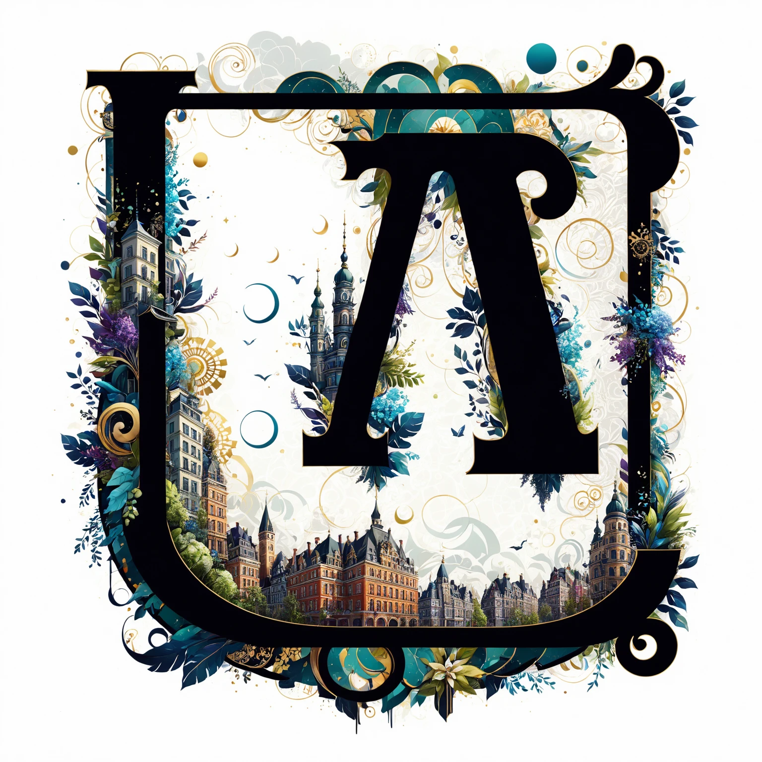 A large picturesque letter surrounded by urban patterns and an urban-style ornament, the entire background around the symbols is covered with architectural patterns, in detail, in detail. clear, beautiful, maximum texture smoothing, extremely difficult, сохранить большую часть объектов исходного изображения