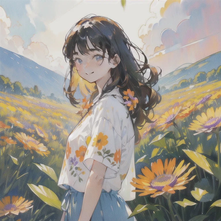 watercolor, One girl, alone, flower, Long Hair, smile, shirt, View your viewers, Short sleeve, Black Hair, purple flower, yellow flower, white shirt, orange flower, bangs, Upper Body, plant, blue , leaf, Mouth closed, Traditional Media, Brown Hair，Sunset sky，setting sun