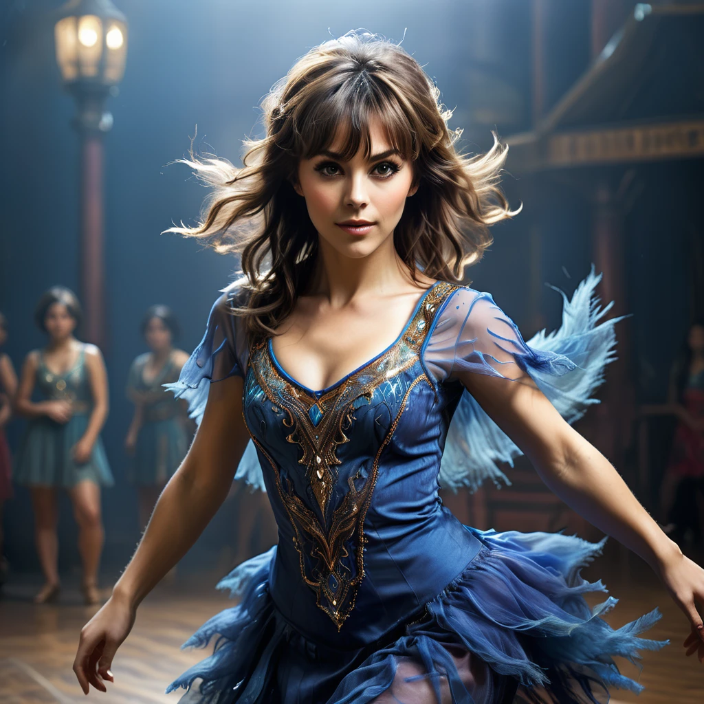 
precise portrait, woman with a well-trimmed hairy and shaggy beard, medium-long brown hair with side bangs, hypnotizing brown eyes, blue dancer's dress