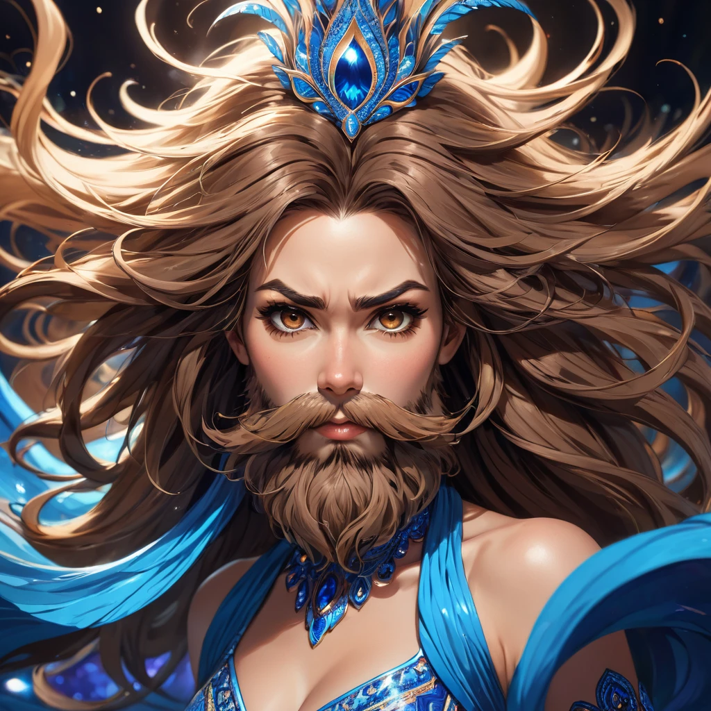 
precise portrait, woman with a well-trimmed hairy and shaggy beard, medium-long brown hair with side bangs, hypnotizing brown eyes, blue dancer's dress