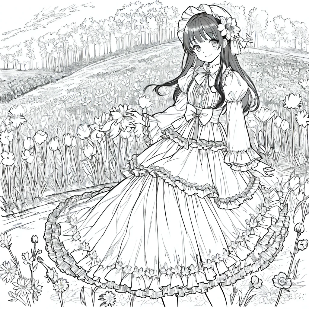 masterpiece, Highest quality, One girl, 一人in, length_hair, Looking_in_Audience, smile, 前hair, skirt, shirt, length_sleeve, hin, dress, bow, Holding, Closed_mouth, flower, Frills, hair_flower, flowerびら, flower束, Holding_flower, center_Frills, bonnet, Holding_flower束, flower field, flower field, Line art, Monochrome,