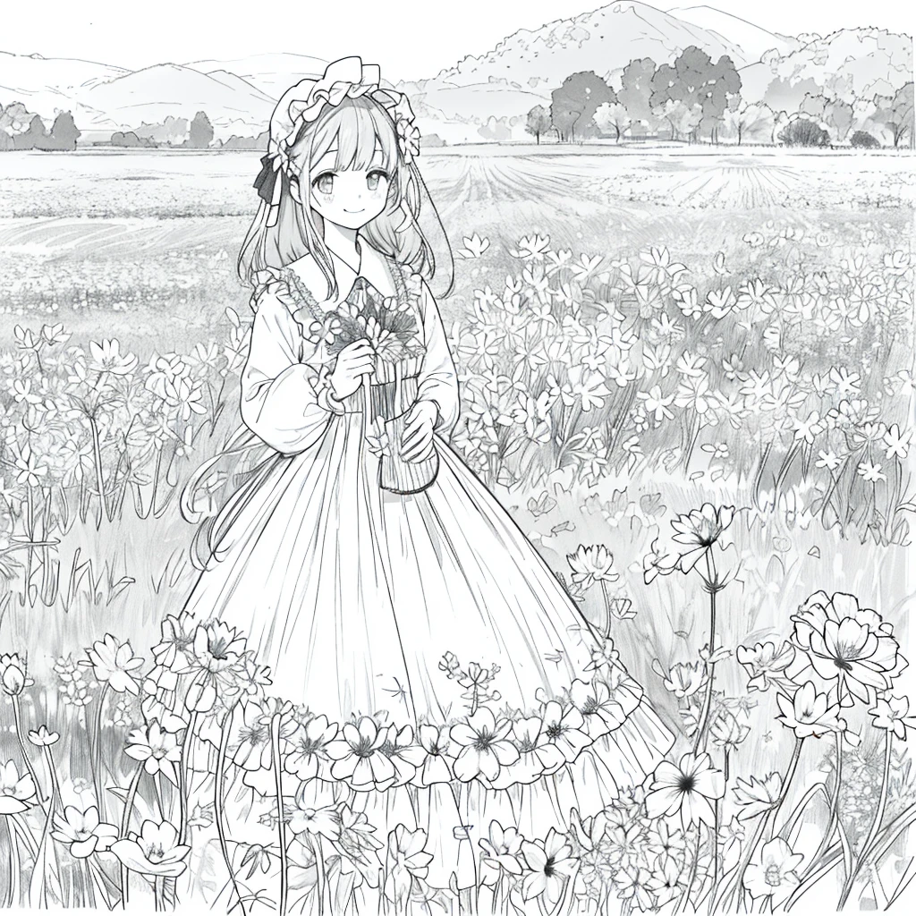 masterpiece, Highest quality, One girl, 一人in, length_hair, Looking_in_Audience, smile, 前hair, skirt, shirt, length_sleeve, hin, dress, bow, Holding, Closed_mouth, flower, Frills, hair_flower, flowerびら, flower束, Holding_flower, center_Frills, bonnet, Holding_flower束, flower field, flower field, Line art, Monochrome,