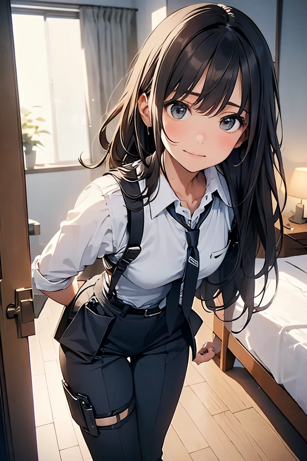 1 female, , high quality, masterpiece, Ultra-high resolution, , Cinema Lighting, , , And the suspenders with the cranes flying Moderate breasts Small face holster Lying in bed Looking up Sweat belt summer 脇Sweat Black Hole Gloves suit shirt Black jacket Black trousers Leg Links ズボンにbelt holster Hands behind your back Anxious expression Looking up Anxious face, legs apart
