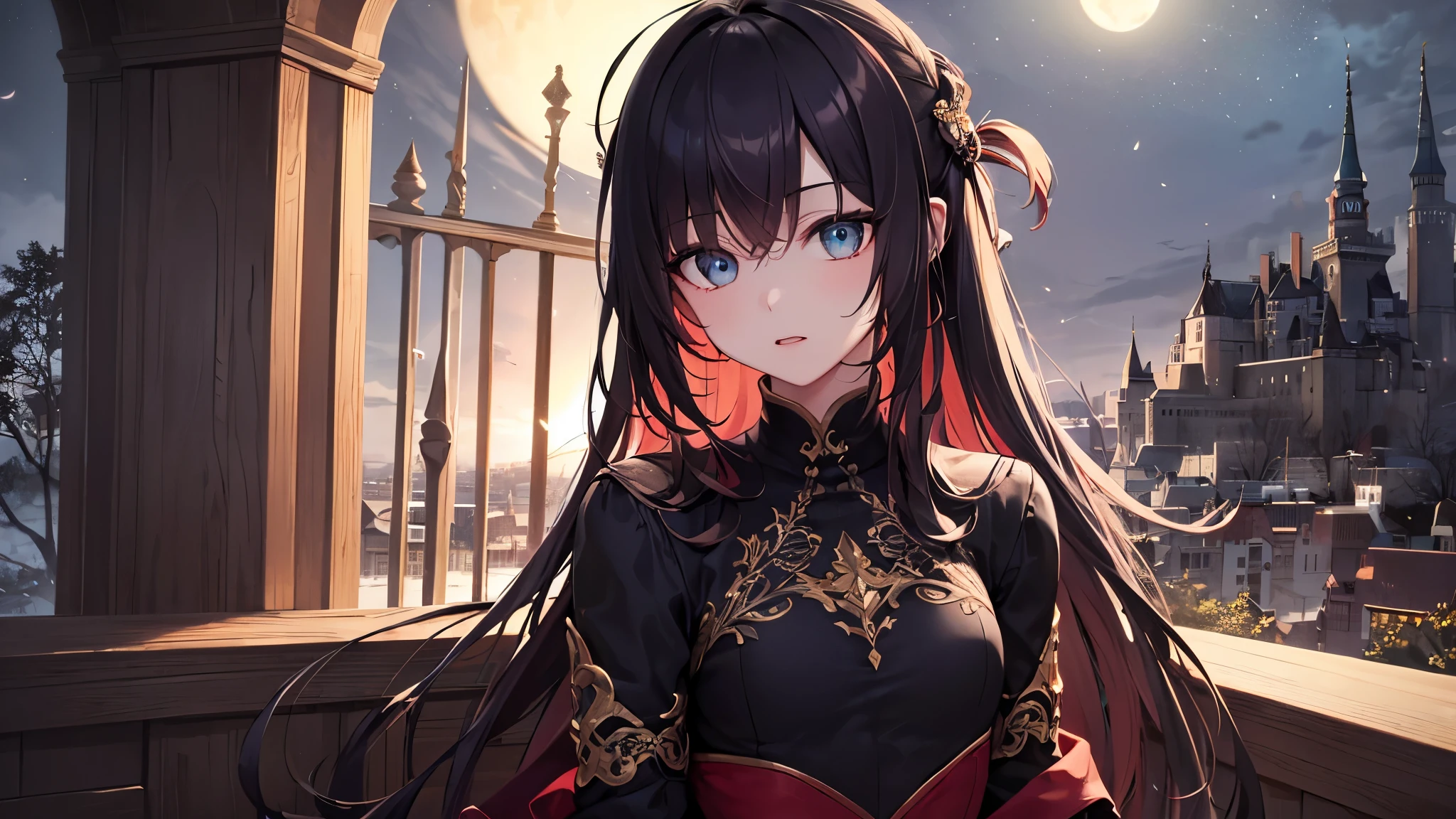 Highest quality, 8K, 4K, High resolution, High Contrast, The upper body is visible,1girl,only,Beautiful and colorful hair,Half Up Hair,(Beautifully detailed face), Red, clear eyes, beautiful eyes, Slanted Eyes,20generation, Small breasts, night, The clothes are mainly black, Sitting, god々Old castle