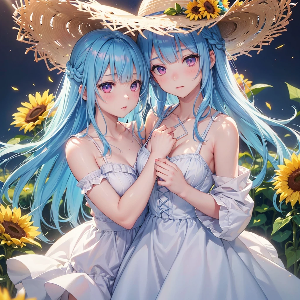 Sky blue hair,braid,(Pink Eyes),Fair skin ,(whole body),(One girl),buzzer,Sunflower field,White dress,blunt bangs,Wiping away sweat,wink,Straw hat,(masterpiece, Highest quality, Very detailed, Best Shadow), (Detailed Background), (Beautifully detailed face), High Contrast, (Best lighting, Very delicate and beautiful), ((Cinematic Light)), colorful, Hyper Detail, Dramatic Light, Intricate details,buzzerの暑い日差し,