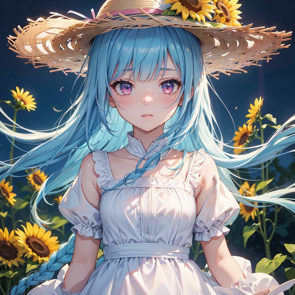 Sky blue hair,braid,(Pink Eyes),Fair skin ,(whole body),(One girl),buzzer,Sunflower field,White dress,blunt bangs,Wiping away sweat,wink,Straw hat,(masterpiece, Highest quality, Very detailed, Best Shadow), (Detailed Background), (Beautifully detailed face), High Contrast, (Best lighting, Very delicate and beautiful), ((Cinematic Light)), colorful, Hyper Detail, Dramatic Light, Intricate details,buzzerの暑い日差し,