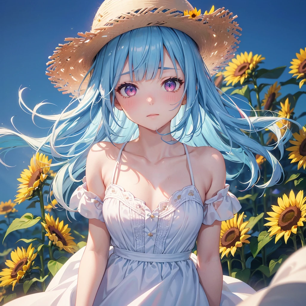 Sky blue hair,braid,(Pink Eyes),Fair skin ,(whole body),(One girl),buzzer,Sunflower field,White dress,blunt bangs,Wiping away sweat,wink,Straw hat,(masterpiece, Highest quality, Very detailed, Best Shadow), (Detailed Background), (Beautifully detailed face), High Contrast, (Best lighting, Very delicate and beautiful), ((Cinematic Light)), colorful, Hyper Detail, Dramatic Light, Intricate details,buzzerの暑い日差し,