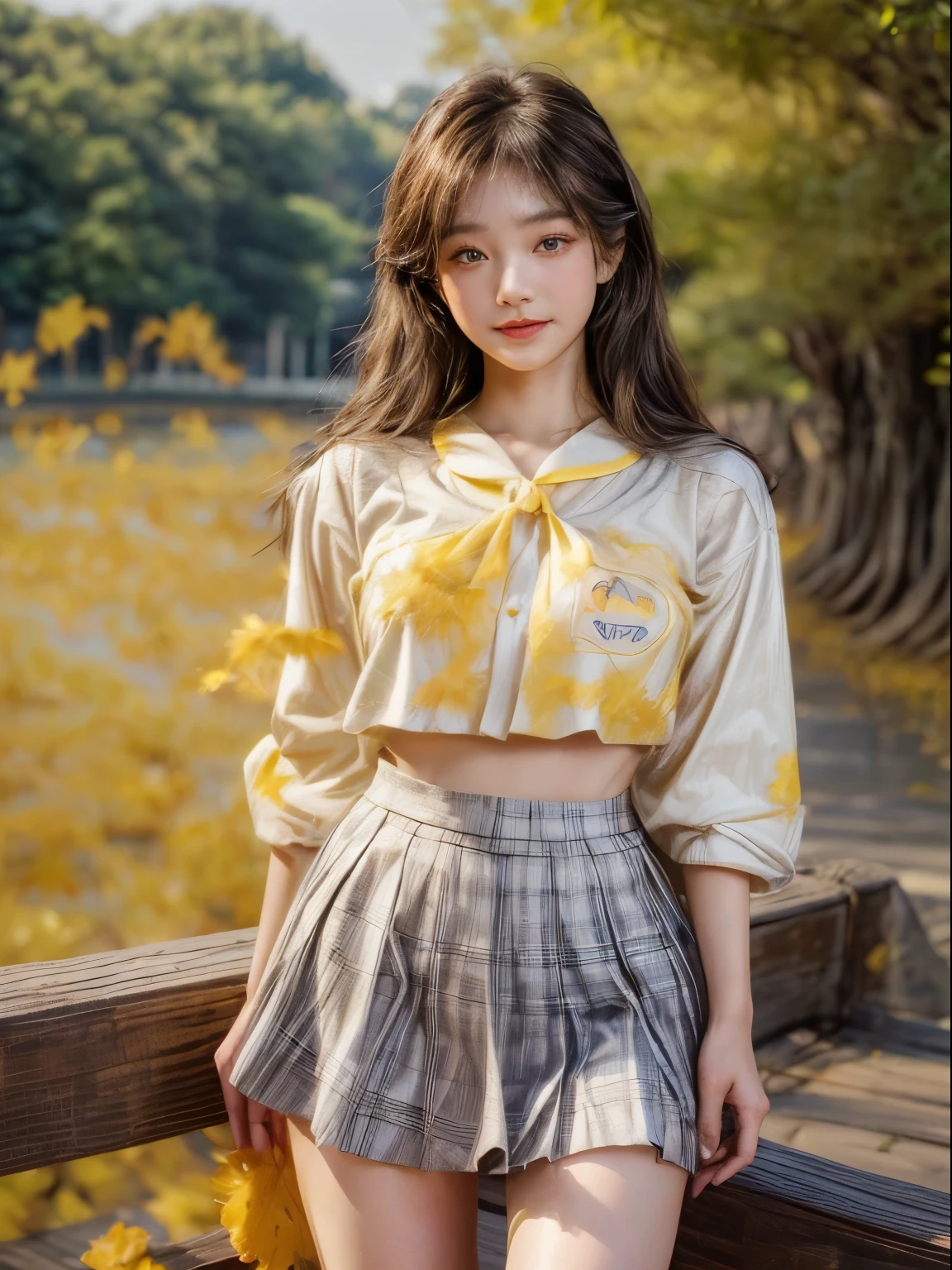 masterpiece、8K、32,000、top quality、(eye for detail)、(cute japanese girl、forehead)、 years old、1 woman、elegant、(Detailed background description、portlate:1.2)、(sailor shirt、plaid bustle skirt)、(yellow fallen leaves:1.1)、cowboy shot、smile、(reduction:1.5)、thighs thighs thighs thighs