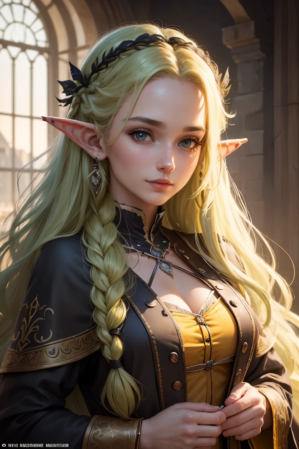 sup((best quality)), ((masterpiece)), (detailed), Prize-winning works, with incredible details, maximum textures and details, supHD ,8K,super resolution ,depth of field, retina, masterpiece, anatomically correct, textured skin, super detail, high details, highres ,an elf ,wearing medieval dress with lots of details1 Medieval female fantasy RPG elf,hair in the wind,very long light green wavy braid hair ,((yellow black hair,)),shy smile,similar to the work of JRR Tolkien,longCap ,fully body, hyper-detailed piercing eyes , (25 year old young man :1.1,detailedeyes, face detailed, whole body:1.1,the background is a magnificent castle ),(best qualityer:1.2,ultra detali:1.1,realisitic:1.37) ,eyeshadows,sharp focus,swirly vibrant colors,)