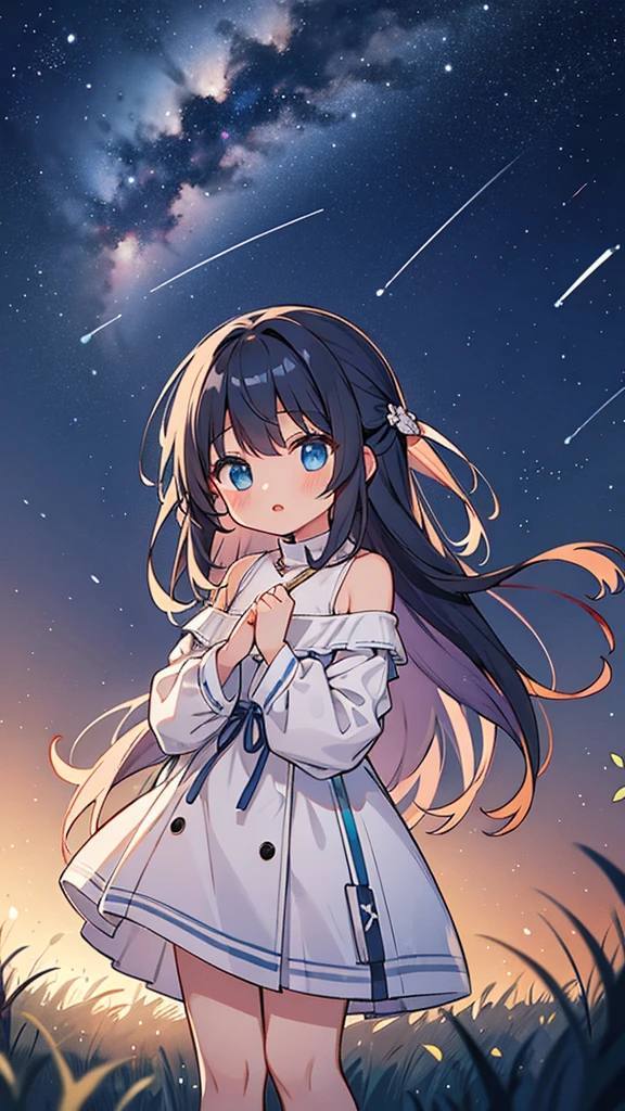 girl、Night Sky、grassland、milky way、