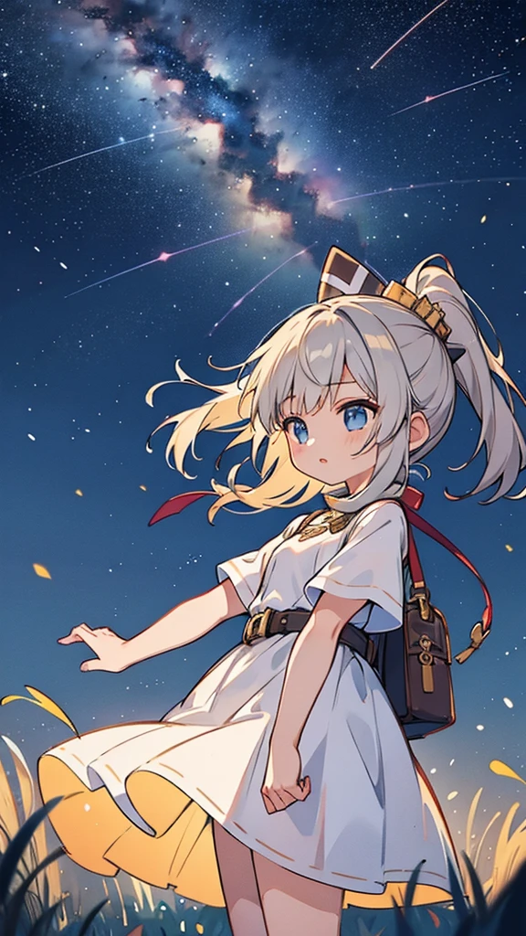 girl、Night Sky、grassland、milky way、