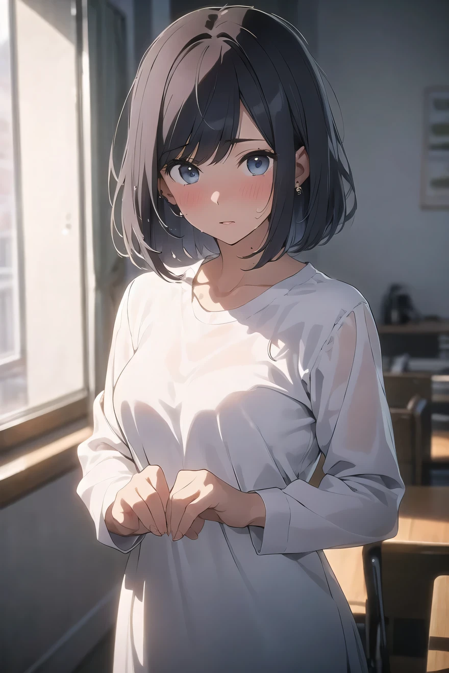 (best quality), (Super detailed), (Best Illustration), (masterpiece), score_9, score_8_up, score_7_up, (4k), nsfw, (1woman), (full nude), (large breasts), {brown hair, (sideburns), (bob cut:1.3), curly hair, hairs between eyes, colored inner hair}, {(detailed eyes), heart-shaped pupils, blue eyes}, parted lips, embarrassed, nose blush, earring, sweat,