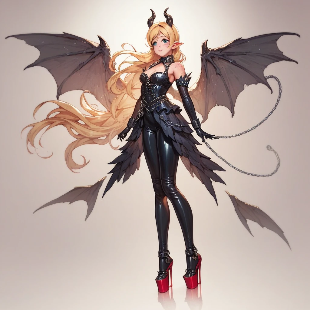 Magical girl, love live style , height, long blonde hair, blue eyes, fair skin, freckles, pointed ears, wings, and horns
Clothing: Skin tight black leather outfit with a silver chain around her neck and red platform heels