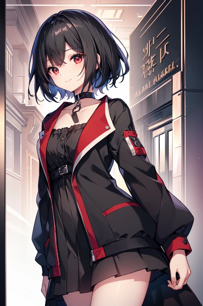 (masterpiece, highest quality, highest quality, (No text), Beautiful and aesthetic:1.2),No text,アニメ、BREAK,One Girl,Black Hair Girl short hair older sister choker Tree Eyes Beautiful eyes Red eyes cool smile Red and Black Black jacket mini skirt whole body In town