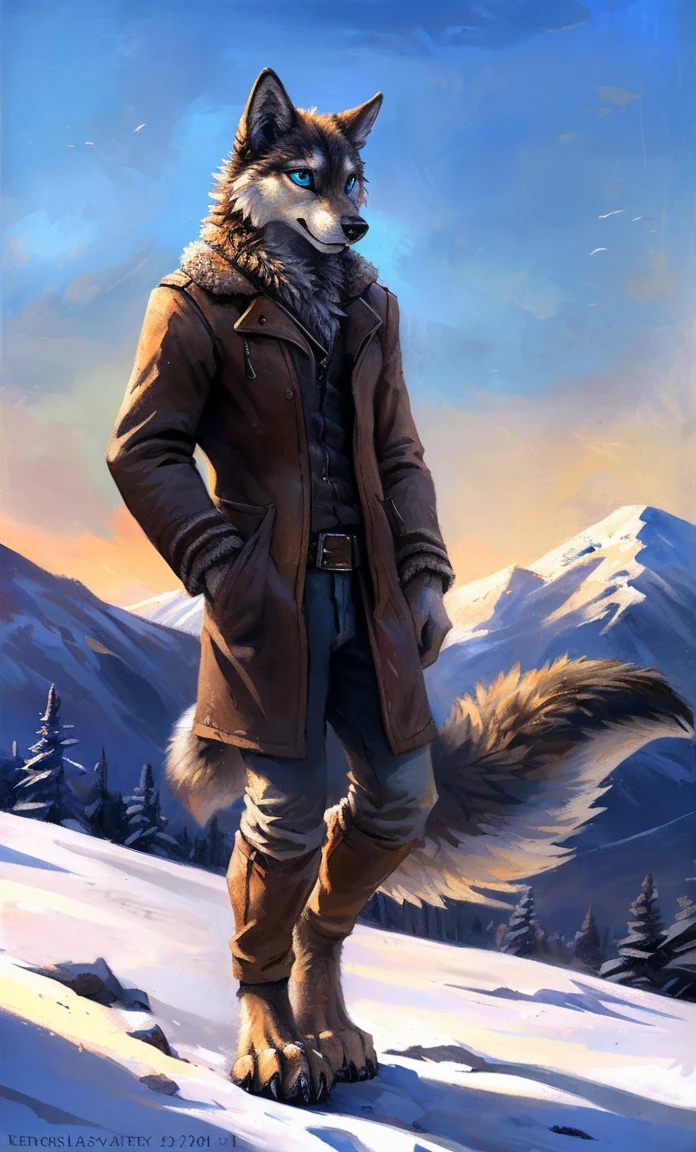 ((Solo)), male people, anthro wolf, (Multi-colored fur, White-brown:1.3，White tail pointed), (Height 2.1m,Tail length 1.2m), ((Wolf face, Big eyes, White eyelids, Blue pupil, Slim:1.2) (Tough, Calm expression:1.2)), Slim, pinging)), (Correct ???????), (Winter clothing:1.1), The upper body  naked, (detailed outfits),A long big tail，Feet，(Realistic fur, Detailed fur texture, labeled:1.3)), (Natural lighting), Photorealistic, Hyperrealistic, ultradetailed, by Kenket，Snowfield，erect through，Running on
