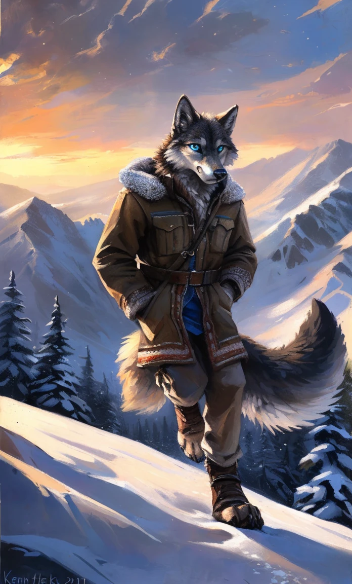 ((Solo)), male people, anthro wolf, (Multi-colored fur, White-brown:1.3，White tail pointed), (Height 2.1m,Tail length 1.2m), ((Wolf face, Big eyes, White eyelids, Blue pupil, Slim:1.2) (Tough, Calm expression:1.2)), Slim, pinging)), (Correct ???????), (Winter clothing:1.1), The upper body  naked, (detailed outfits),A long big tail，Feet，(Realistic fur, Detailed fur texture, labeled:1.3)), (Natural lighting), Photorealistic, Hyperrealistic, ultradetailed, by Kenket，Snowfield，erect through，Running on
