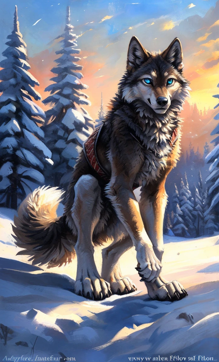 ((Solo)), male people, anthro wolf, (Multi-colored fur, White-brown:1.3,White tail pointed), (Height 2.1m,Tail length 1.2m), ((Wolf face, Big eyes, White eyelids, Blue pupil, Slim:1.2) (Tough, Calm expression:1.2)), Slim, pinging)), (Correct anatomy), (Winter clothing:1.1), The upper body naked, (detailed outfits),A long big tail,Feet,(Realistic fur, Detailed fur texture, labeled:1.3)), (Natural lighting), Photorealistic, Hyperrealistic, ultradetailed, by Kenket,Snowfield,erect through,Running on