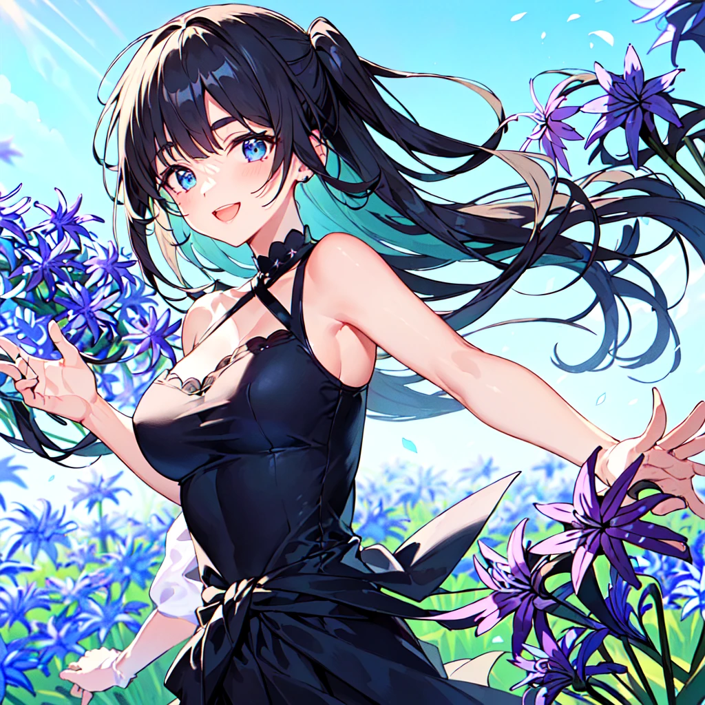masterpiece, best quality, high quality, extremely detailed, very delicate and beautiful, (1 female 18 years old solo:1.5), (long black hair up to waist with two side up:1.5), bangs to eyebrows, eyes Eyebrows glossy, (eye color magenta:1.3), 6.5 head height, (agapanthus flower print summer fashion:1.3), knee socks, lace, frills, (smiling), (running:1.3), (smiling), (dynamic pose), (background agapanthus flower field:1.3), ( Blue sky:1.3), (upper body:1.3)