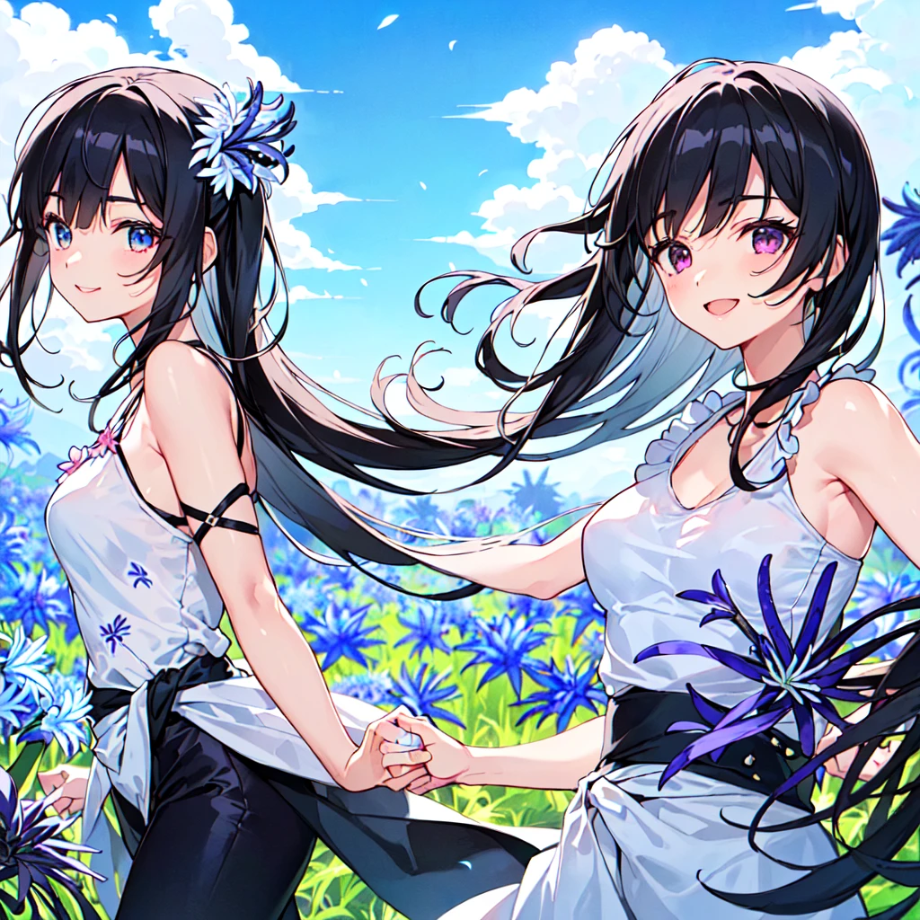 masterpiece, best quality, high quality, extremely detailed, very delicate and beautiful, (1 female 18 years old solo:1.5), (long black hair up to waist with two side up:1.5), bangs to eyebrows, eyes Eyebrows glossy, (eye color magenta:1.3), 6.5 head height, (agapanthus flower print summer fashion:1.3), knee socks, lace, frills, (smiling), (running:1.3), (smiling), (dynamic pose), (background agapanthus flower field:1.3), ( Blue sky:1.3), (upper body:1.3)