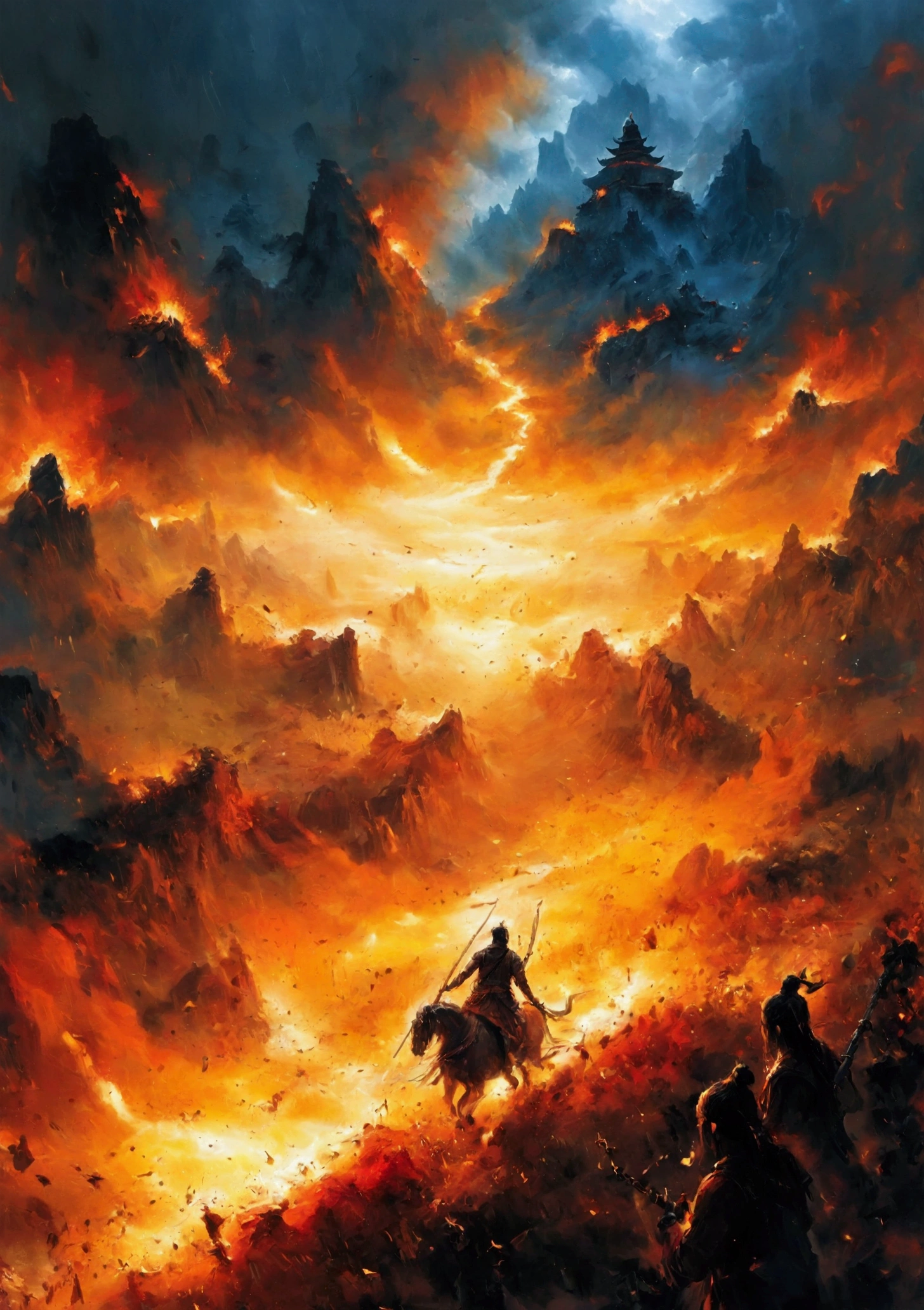 Create a vivid and intense scene of a burning battlefield, drawing inspiration from the epic battles depicted in the Indian sacred texts like the Mahabharata and the Ramayana. The scene should capture the chaos and grandeur of an ancient war, with warriors clad in traditional armor, wielding swords, bows, and magical weapons. The landscape is ablaze with fire, casting an orange glow over the battlefield. In the background, majestic temples and ancient structures stand as silent witnesses to the clash. The sky is dark with smoke and ash, and mythical creatures and divine beings can be seen amidst the turmoil, adding an ethereal and mystical element to the scene. Emphasize the dramatic and epic nature of the battle, with dynamic poses and expressive faces of the warriors