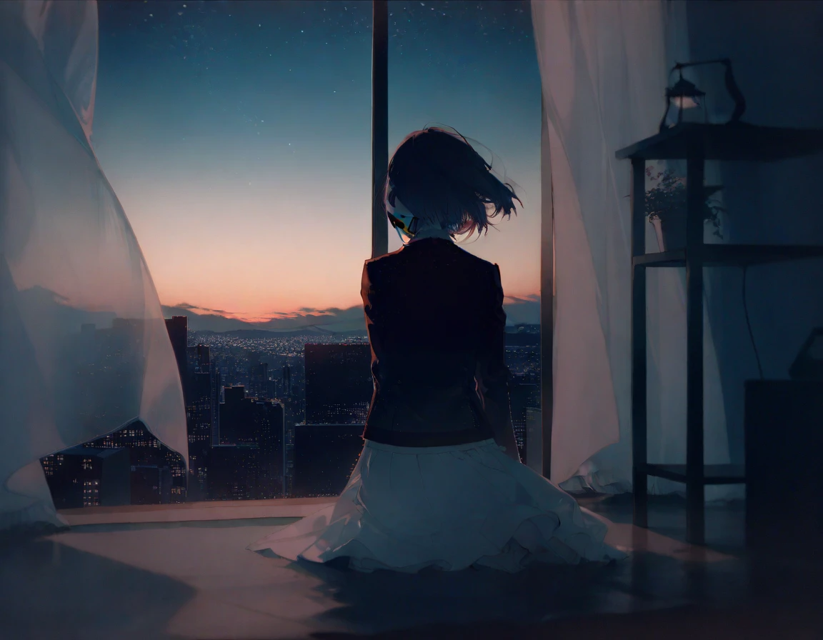 by rella, amazing quality, masterpiece, best quality, absurdres, beautiful, detailed shadow, aesthetic, 1girl, solo, curtains, sky, from behind, sitting, short hair, night, window, skirt, facing away, black hair, scenery, star (sky), indoors, night sky, dark, cityscape, jacket, wind, white skirt, long sleeves, starry sky, blurry, building,
