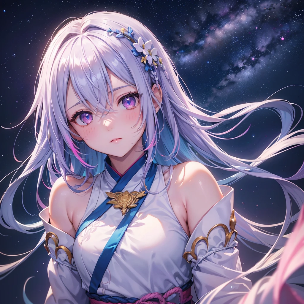 Sky blue braid,Pink Eyes,Fair skin ,(whole body),(One girl),Hanfu,Tanabata,(The beautiful, sparkling Milky Way in the night sky),Lonely Eyes,,(masterpiece, Highest quality, Very detailed, Best Shadow), (Detailed Background), (Beautifully detailed face), High Contrast, (Best lighting, Very delicate and beautiful), ((Cinematic Light)), colorful, Hyper Detail, Dramatic Light, Intricate details,