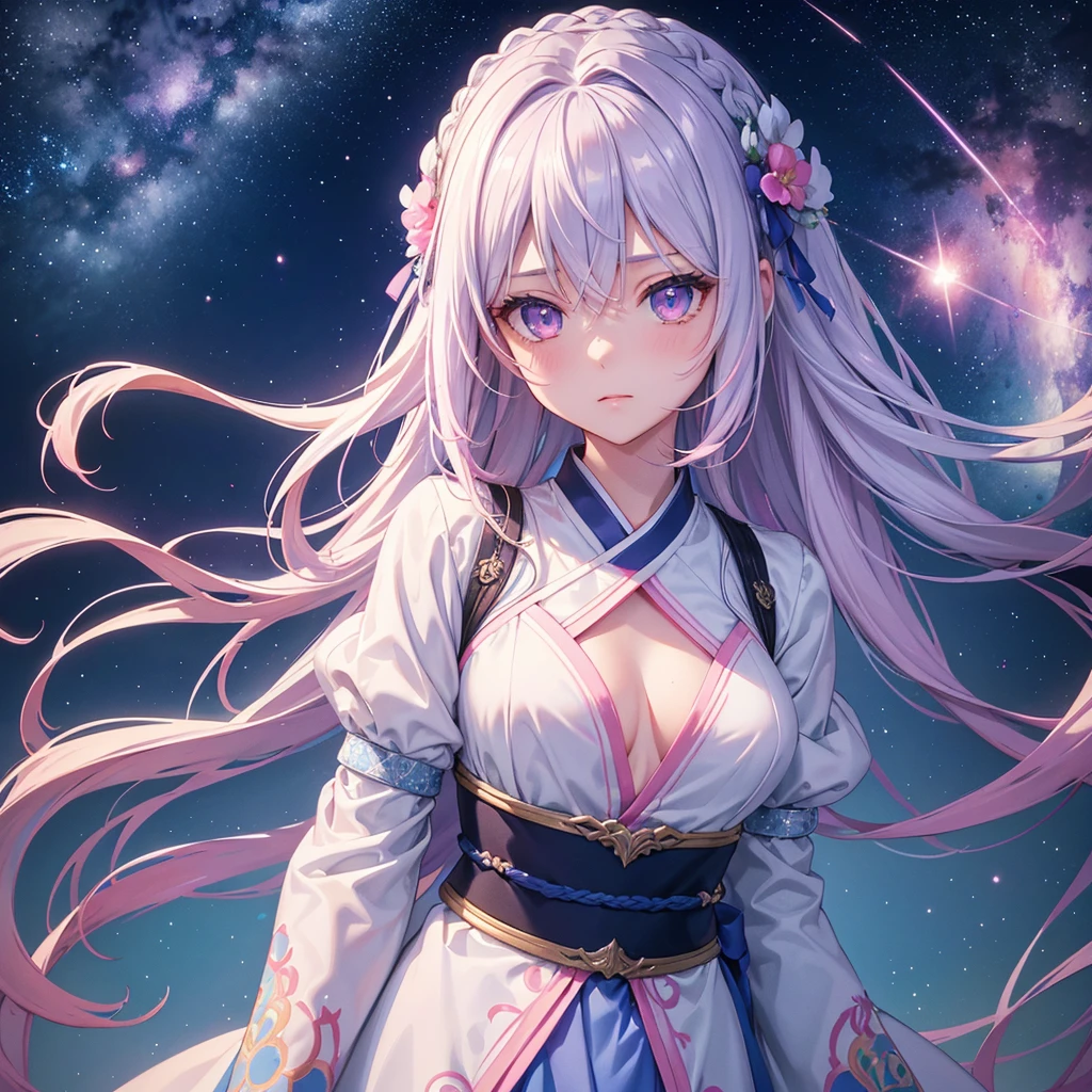 Sky blue braid,Pink Eyes,Fair skin ,(whole body),(One girl),Hanfu,Tanabata,(The beautiful, sparkling Milky Way in the night sky),Lonely Eyes,,(masterpiece, Highest quality, Very detailed, Best Shadow), (Detailed Background), (Beautifully detailed face), High Contrast, (Best lighting, Very delicate and beautiful), ((Cinematic Light)), colorful, Hyper Detail, Dramatic Light, Intricate details,