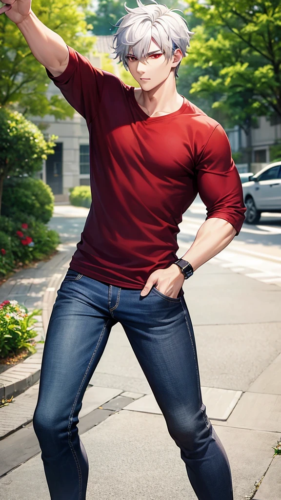 Handsome Asian man, white hair, red eyes, The black shirt says "Luxion", jeans, fine quality, nice photo, Side view, shooting 100 meters. Shooting game using a bow.