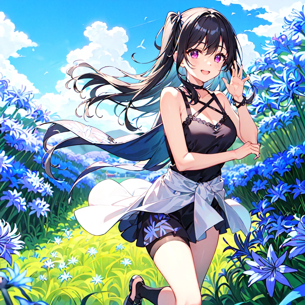 masterpiece, best quality, high quality, extremely detailed, very delicate and beautiful, (1 female 18 years old solo:1.5), (long black hair up to waist with two side up:1.5), bangs to eyebrows, eyes Eyebrows glossy, (eye color magenta:1.3), 6.5 head height, (agapanthus flower print summer fashion:1.3), knee socks, lace, frills, (smiling), (running:1.3), (smiling), (dynamic pose), (background agapanthus flower field:1.3), ( Blue sky:1.3) 