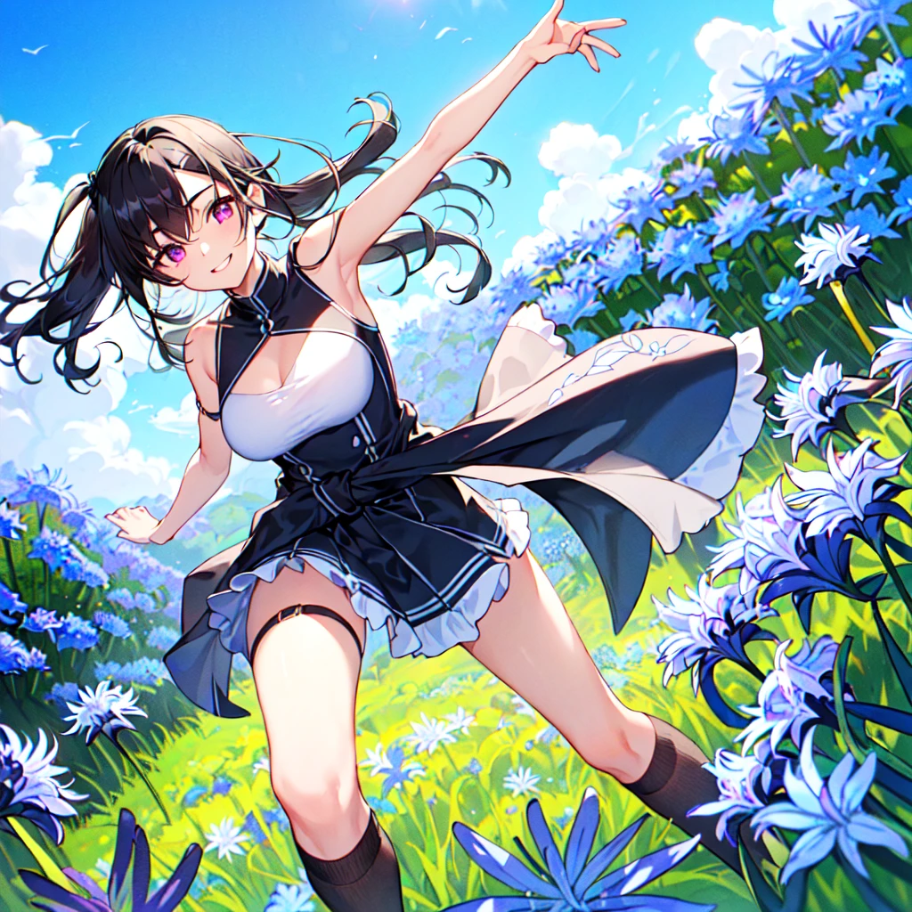 masterpiece, best quality, high quality, extremely detailed, very delicate and beautiful, (1 female 18 years old solo:1.5), (long black hair up to waist with two side up:1.5), bangs to eyebrows, eyes Eyebrows glossy, (eye color magenta:1.3), 6.5 head height, (agapanthus flower print summer fashion:1.3), knee socks, lace, frills, (smiling), (running:1.3), (smiling), (dynamic pose), (background agapanthus flower field:1.3), ( Blue sky:1.3) 
