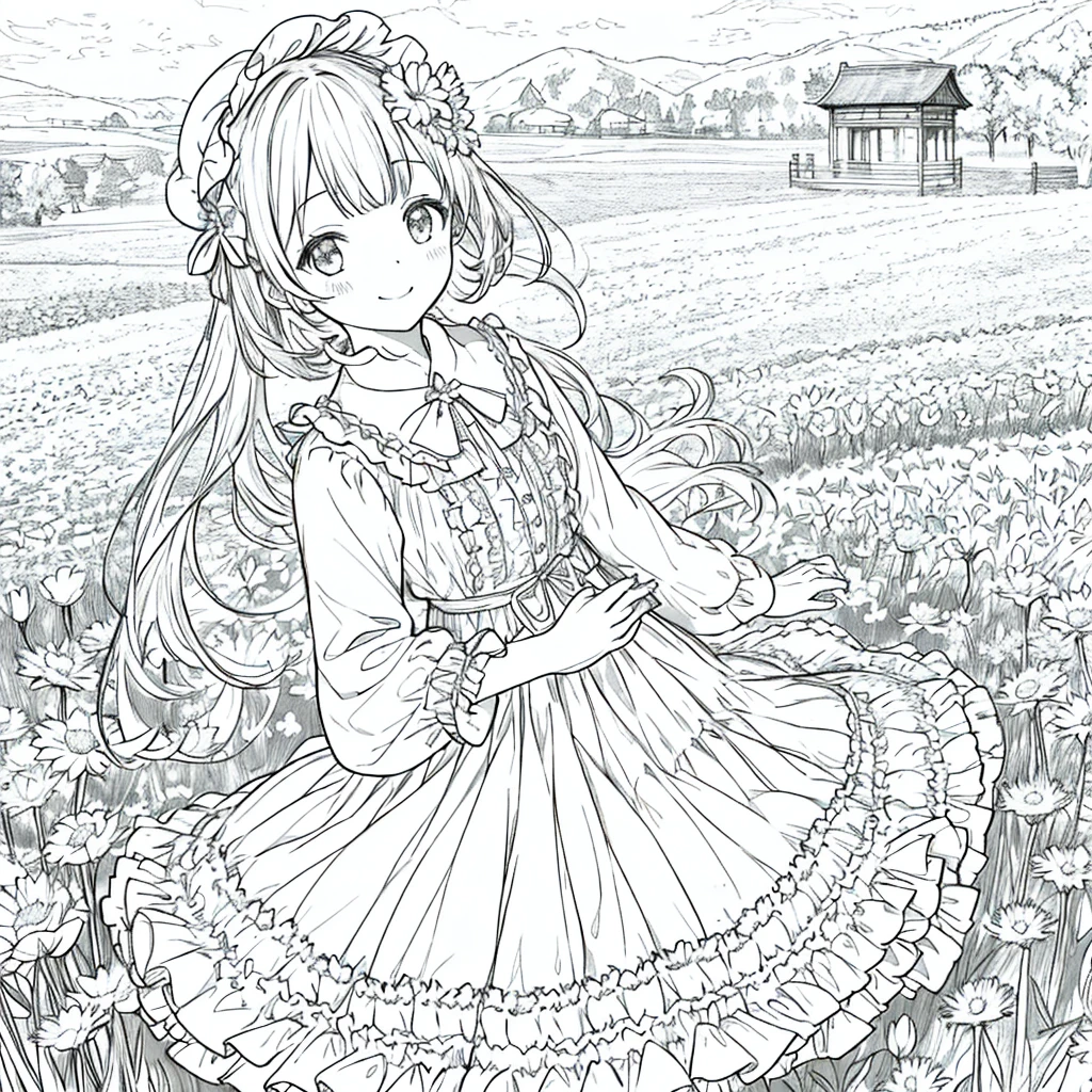 masterpiece, Highest quality, One girl, 一人in, length_hair, Looking_in_Audience, smile, 前hair, skirt, shirt, length_sleeve, hin, dress, bow, Holding, Closed_mouth, flower, Frills, hair_flower, flowerびら, flower束, Holding_flower, center_Frills, bonnet, Holding_flower束, flower field, flower field, Line art, Monochrome,