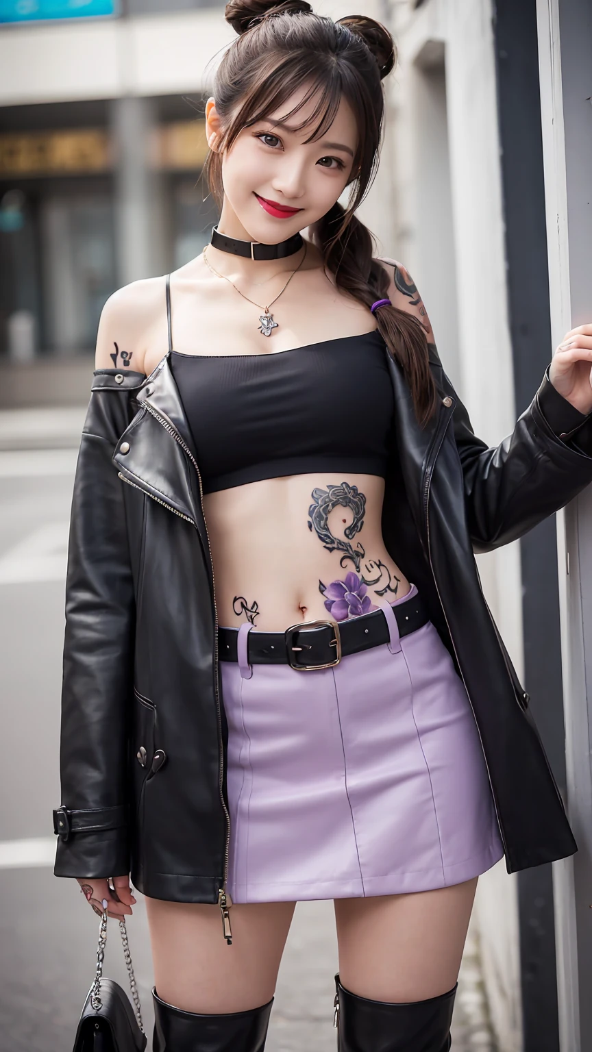 masterpiece, Highest quality, High resolution, Chiyoko, Hair Bun、Double good, Twin tails, Hair Ribbon, collar, Chain Necklaces, Expose your shoulders, Cleavage, Off the shoulder, Pink jacket, Open jacket, abdomen, belt, Black Skirt, alley, Contact us, Talk to your audience、smile, Open your mouth, Are Are standing、,{{alone,ボーイッシュ 1 Girl}} Are standing,,{18-year-old},Black trench coat and leather boots} Show Viewer,, tattoo, High heels, but, belly button, smile, Purple Lipstick、Pink Eyes、Grin、smile, 軽いsmile, anger, blush, saliva, black micro mini skirt、 tattoo、（濃いPurple Lipstick、Purple lips）Leather Thigh Boots、Highlight the face、、（濃いPurple Lipstick、Purple lips）Purple eyes, Purple lips、Absolute area、Leather Micro Mini Skirt、Browsing Caution、Abdominal muscles、bad woman、sadistic、Are standing、(half:1.3), Wide Hips, Thick thighs, (Thigh Gap:1.2), Big Ass, (Shaving, (下abdomenのtattoo:1.5), (ハートのtattoo:1.5), (belly button: 1.1), (Expose your shouldersさせる: 1.1), (邪悪なsmile: 1.3), 1 Girl, whole body,