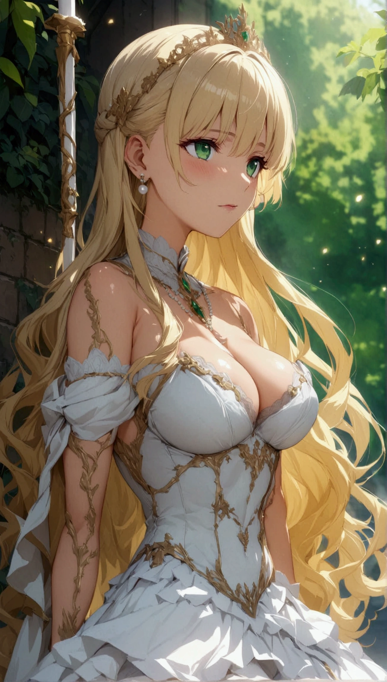 Anime. 1 Girl. Cute girl. Princess. Blonde. Long hair. Wavy hair. Green eyes. Beautiful eyes. Perfect eyes. Expressive eyes. Blind eyes. Blind. Ideal face. . Sitting chest. Beautiful breasts. Ideal anatomical body. Beautiful long legs. Luxurious white dress. White stockings. High heel shoes. White cane. Diadem. Pearl necklace. Neat earrings. White gloves. Standing at full height. She is standing on the street. Stands in the royal garden. Beautiful character design. Shiny skin. Full body. Official
art. Extremely detailed CG Unity 8k wallpaper. Ideal lighting. Ultra high resolution 4K. Super detailed 8K. A high resolution.