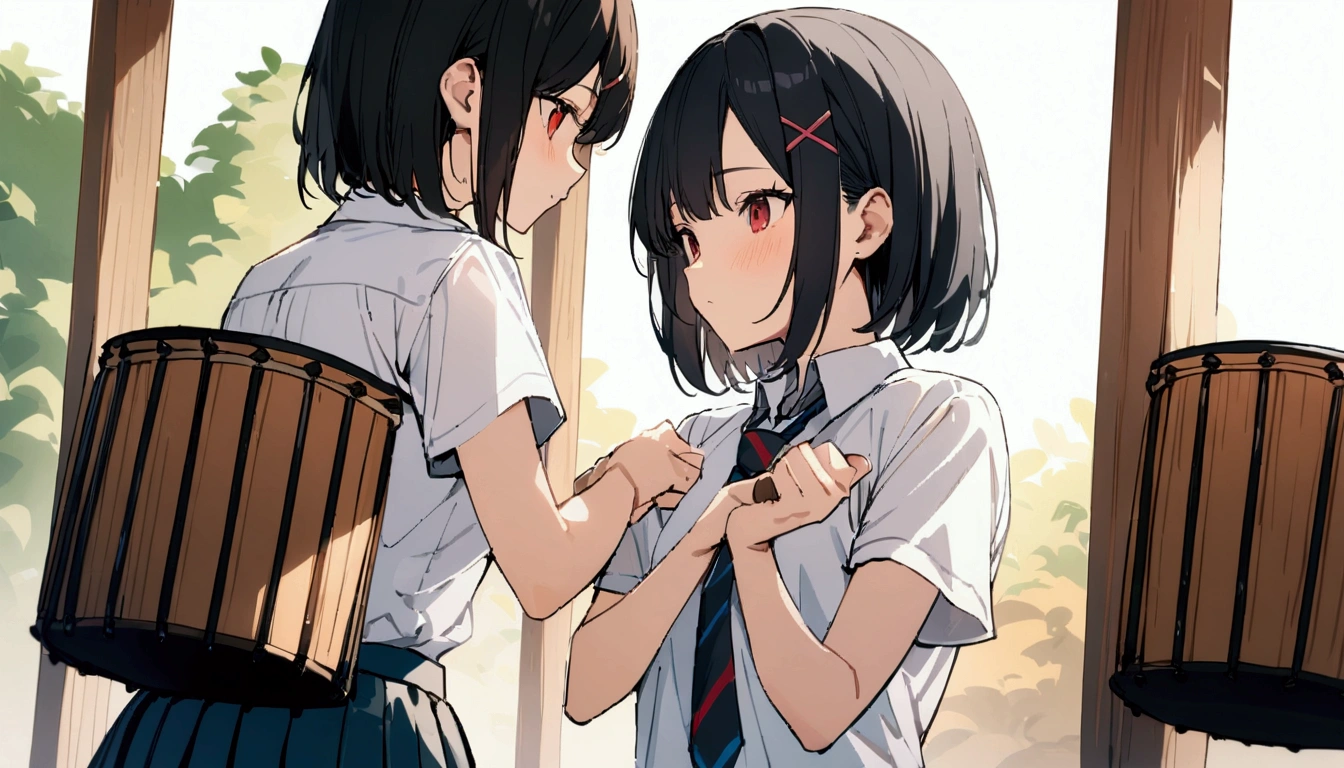 short hair, (Black Hair:1.2), X Hair Ornament, Red eyes,tie, girl,One person, Collared shirt, White shirt, Short sleeve, Pleated skirt, student, Highest quality, masterpiece, High resolution, summer,Playing the bongos、