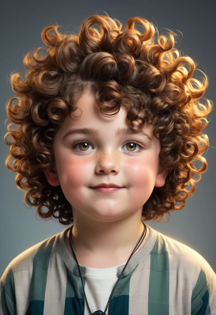 Make a chubby  boy with curly hair who has electrical powers 