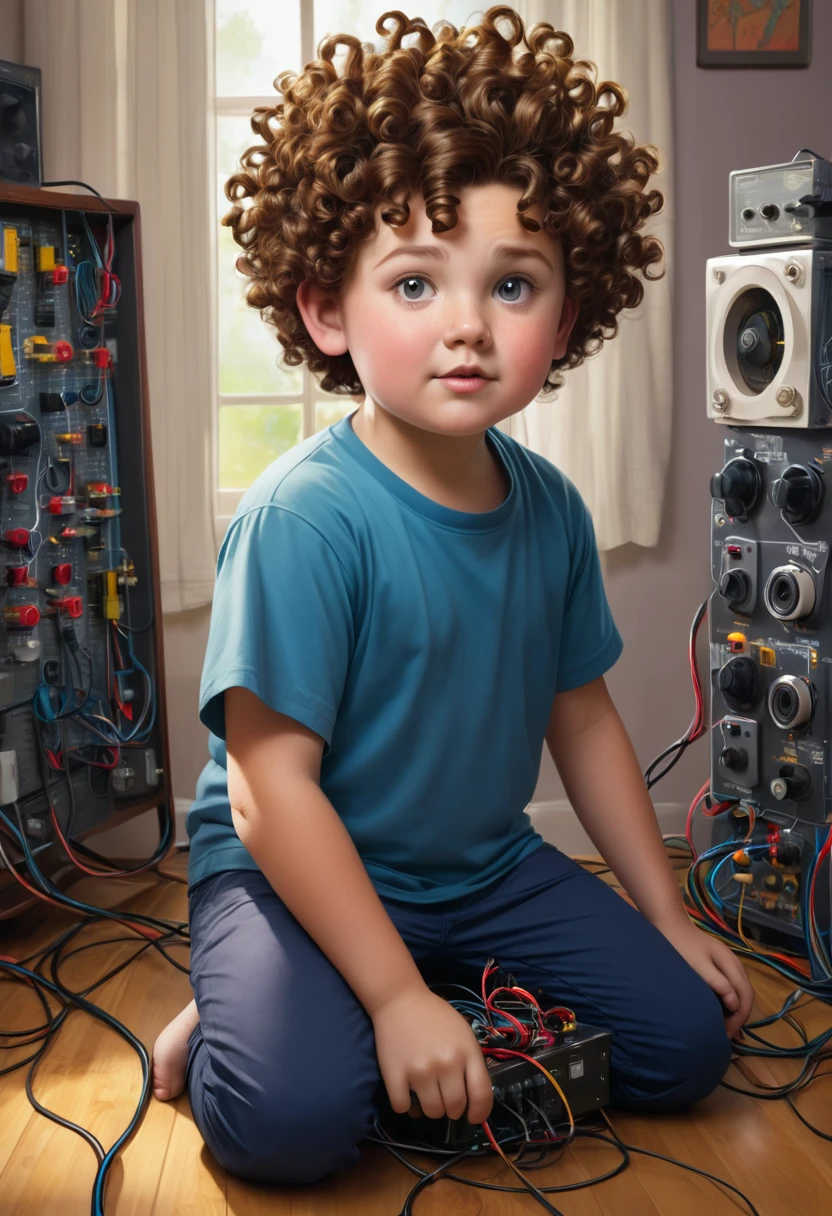 Make a chubby  boy with curly hair who has electrical powers 