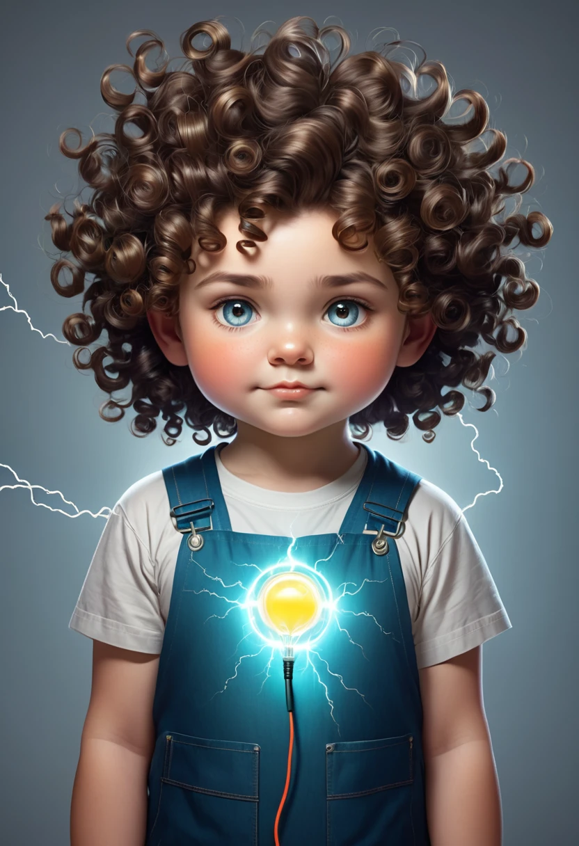 Make a chubby  boy with curly hair who has electrical powers 