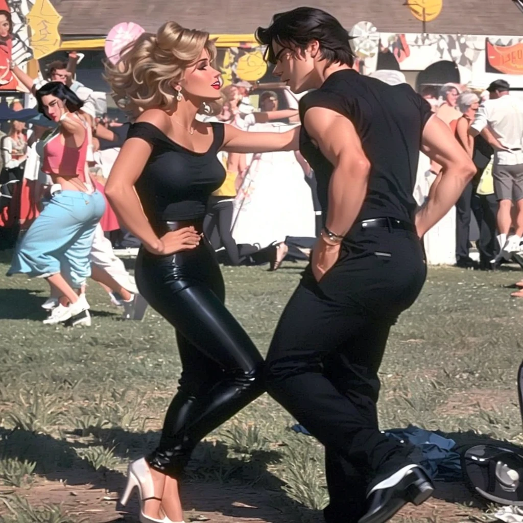 Damon Salvatore and Jesi are dancing together in the grass, inspired by Olivia Newton-John and the 1950s vibes. The scene captures the aesthetic of artists like Bob Singer, Glen Angus, and Dennis Ashbaugh. Both are wearing black tight clothing, with Damon in a fitted black shirt and trousers, and Jesi in a black cropped tank top and sleek pants. The moment is perfect for a movie shot, with a 50s aesthetic, channeling the style of Bernie D’Andrea. Their dance is passionate and synchronized, set against a backdrop of lush grass and the nostalgic ambiance of the 1950s.