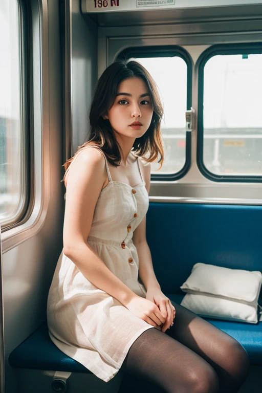 (masterpiece, Highest quality, 8K, RAW Photos, beautifully、beautiful:1.2),  Intricate details, indirect lighting, Realistic,
whole body, Sitting on a chair on the train、Gazing at the audience、Voyeur、
 Square neck button-down linen sundress, (Ultra-realistic pantyhose)、
 Women&#39;s training , Chair to sit under skirt,