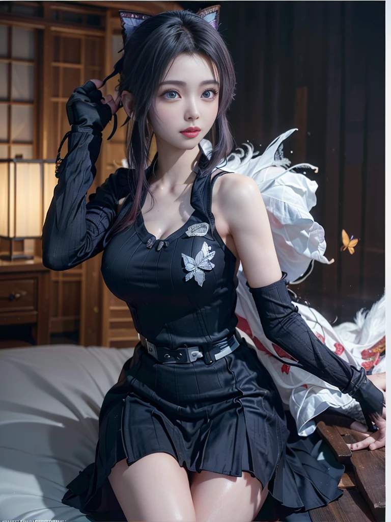 Tolerate, Demon slayer, Shinobu Kocho, anime, 22 years old, ((Butterfly themed costume, A black haori coat with a butterfly pattern, Brown full-body military uniform)), ((Tolerateコスプレ)), ((A very cute caucasian 22 years old mom cosplaying shinobu), ((Blur the background)), 1 Girl, Wide range photograph撮影, Wide range, (Mature Woman), Long and beautiful face, Clear Face, Realistic Face, True Face, Absolute reality, ((Hot body)), ((Demon slayer dress)), ((Demon slayer)), ((Tolerateドレス)), ((Cosplay Dresses)), Huge , Covered, (((Realistic))), ((Dress neatly)), waist curve pose, surface side, (8K, RAWphotograph, Highest quality, masterpiece), (Realistic, Realistic: 1.9), ((Full Body Shot)), Stylish pose, ((Highly detailed skin: 1.2)), ((Realistic: 1.9)), photograph, masterpieces, Highest quality, (Beautiful Blue Eyes, Gorgeous pale gray black curly hair, White skin, Thick body, Coarse hairs on lower abdomen, perfect slim figure), Various poses, Highly detailed face, Fine grain, Many people are looking at her with excitement., (((close))), Light of the sun, Cinematic, ((photograph撮影)), photograph