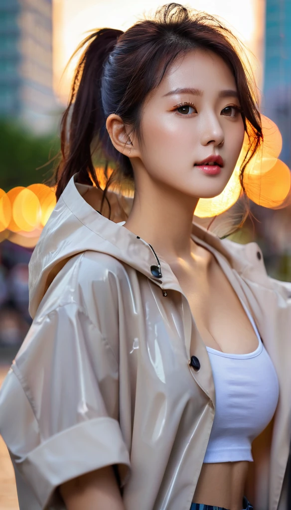 close-up of beautiful korean female, 34 inch breasts size, wearing crop tank top, and rolled sleeves unzipp raincoat, pants, in the city, sunset light, bokeh background, UHD