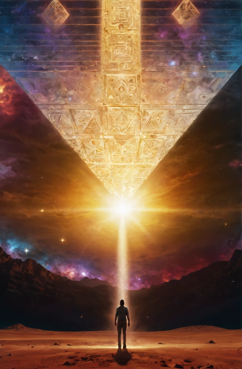 arafed image of a man standing in front of a pyramid, ancient megastructure pyramid, pyramid portal, enlightenment tripping on dmt, epic shamanic dmt art, ancient alien portal, lens flare. occult photorealism, artgem and beeple masterpiece, star - gate of futurisma, cosmic enlightenment, an interdimensional being, cosmic architecture