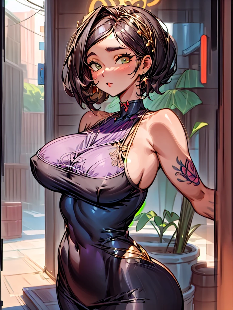 highly detailed portrait of 2 tatooed women, one black woman in a mini-dress and one Caucasian woman in a mini-dress, 2girls, by Atey ghailan, by greg rutkowski, by greg tocchini, by James gilleard, by Joe Fenton, by Kaethe butcher, voluptuous, super detailed face, ample curvaceous, highly detailed accentuated big booty with phenomenal detailed booty cheeks, great aesthetics, gradient purple, neon color scheme, grunge aesthetics, nightclub background, cinematic lighting, 32k, uhd,