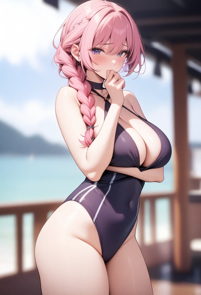 masterpiece, best quality, very aesthetic, absurdres, 1girl, mature_lady,,covering mouth,Hot pink hairsingle braid,Halter One-Piece Swimsuit,Nautical / Maritime,blur background,background defocus