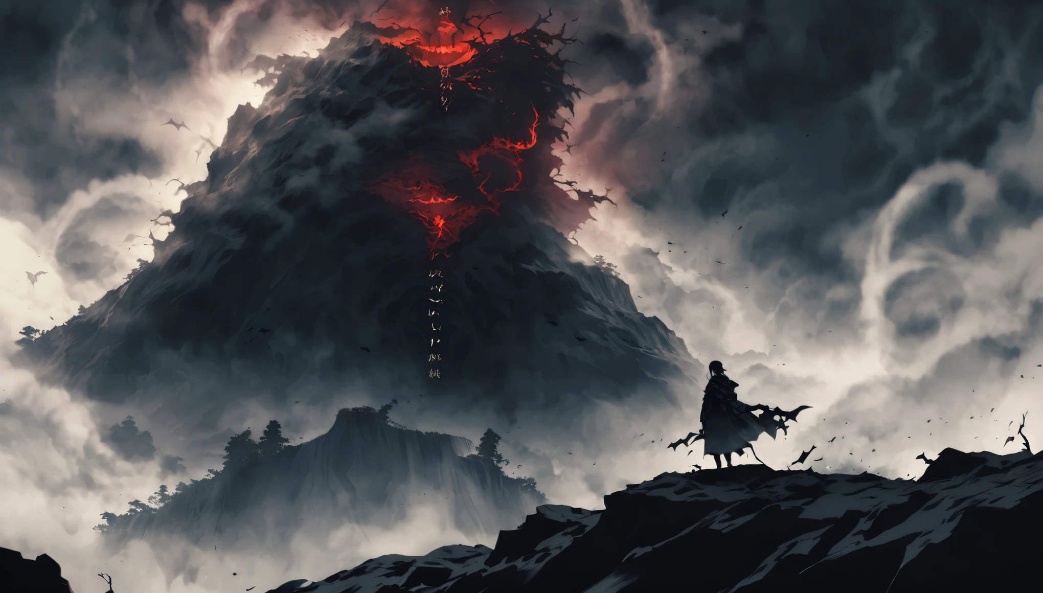 Create an anime-style image inspired by the following song lyrics. The image should feature at least one anime character standing on the edge of a cliff, staring into an abyss with mist swirling around. The character should have a determined expression, symbolizing their struggle and resilience. Scars or other signs of past battles should be visible on the character. In the background, incorporate elements of a dark, stormy environment, possibly with shadows or demons lurking to represent inner demons. The overall theme should convey a sense of rising above challenges and finding strength and redemption. Ensure the image captures a mix of darkness and hope, reflecting the themes of the song