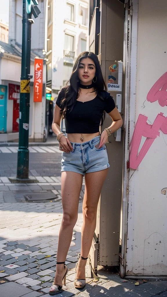 Photo of a beautiful woman, curly black hair, choker, bracelets, hoop earrings, Converse heels, short denim short, blouse, posing, standing, happy, at the streets, jean hotpants, real photo, ((photo)), detailed, Turkish girl at the İstanbul.