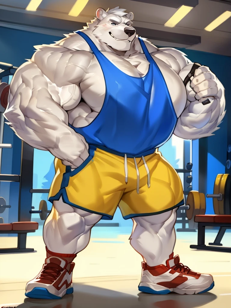 Solo, Male, polar bear, (short hair, snout), messy fur, messy hair, smirking, notched ear, by Bebebebebe, by Spikes, By Darkgem, by Mystic Fox 61, by Chunie, standing, tank top, gym shorts, gym shoes, looking at viewer, Dilf, Daddy, father figure, mature male, hunk, pecs, very detailed gym clothing, very detailed fur texture, very detailed lighting, very detailed eyes, gloves, very well drawn gym clothing, very well drawn face, bulky, bulk, ((really big muscle, massive muscular, sixpack, thick arms, wide pectoral, super huge muscle, hyper muscular, over sized muscle, huge arms, big arms, huge pectoral))