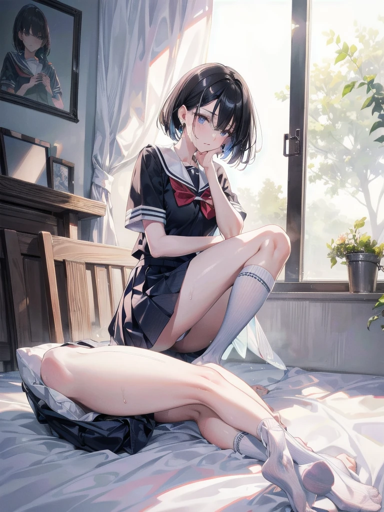 absurdres, RAW photo, extremely delicate and beautiful, masterpiece, Best Quality, ultra high resolution, 32k, hyperrealistic, ultra-detailed, perfect figure, in her 20s, very small head, very small face, delicate facial features, tearful mole, earring, huge breasts, legs, full body shot, medium hair, black hair, Colored inner hair, sweat, school_uniform,