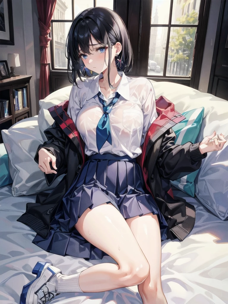 absurdres, RAW photo, extremely delicate and beautiful, masterpiece, Best Quality, ultra high resolution, 32k, hyperrealistic, ultra-detailed, perfect figure, in her 20s, very small head, very small face, delicate facial features, tearful mole, earring, huge breasts, legs, full body shot, medium hair, black hair, Colored inner hair, sweat, school_uniform,